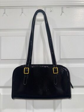 Black Patent Leather Shoulder Bag with Gold Hardware